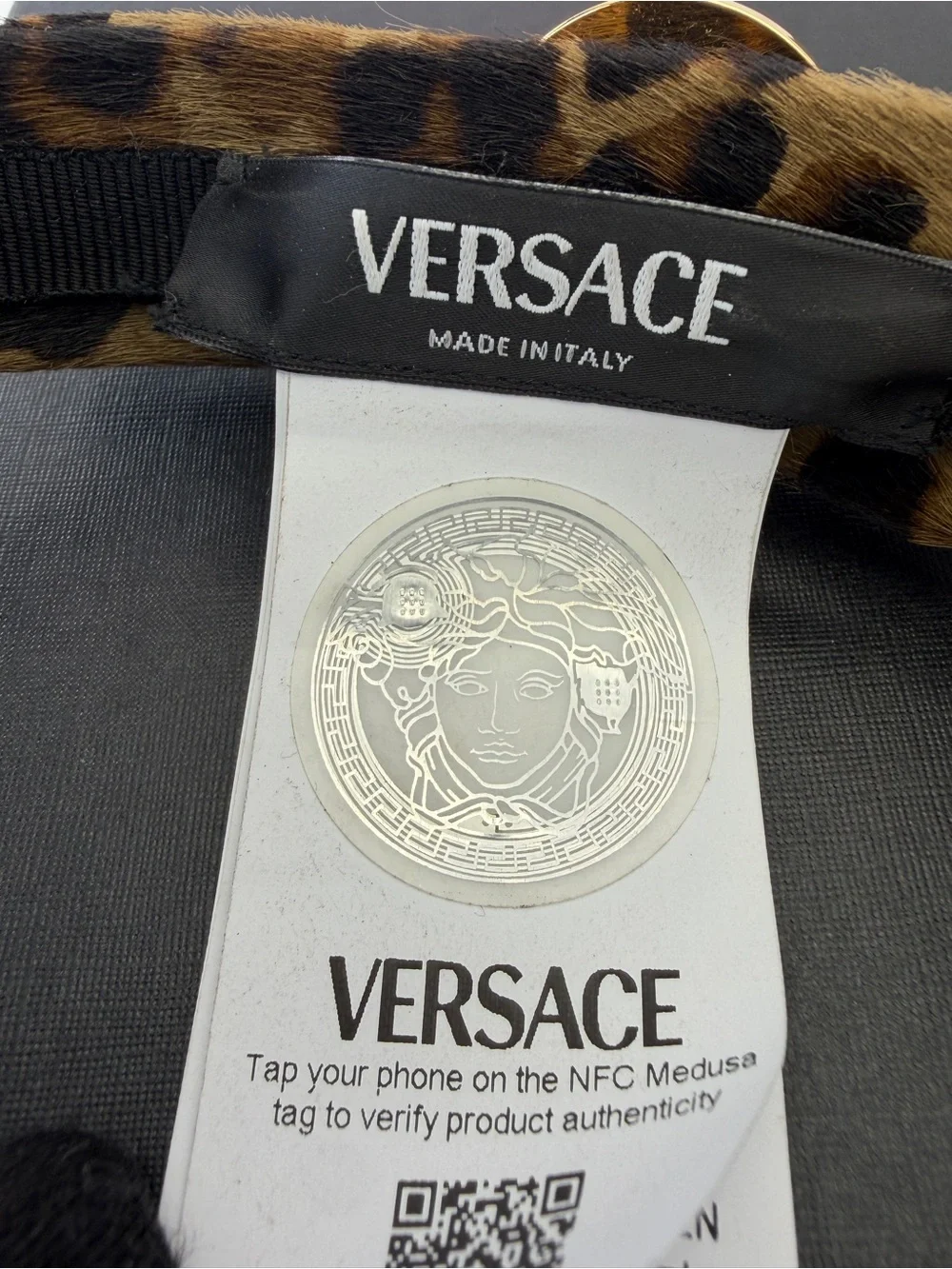 Versace Leopard Print Ponyhair Medusa Headband with Gold Medallion